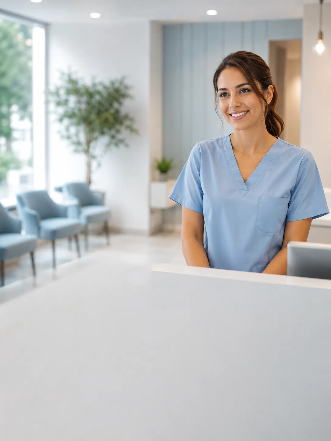 Receptionist welcoming a patient at the front desk of a modern medical clinic