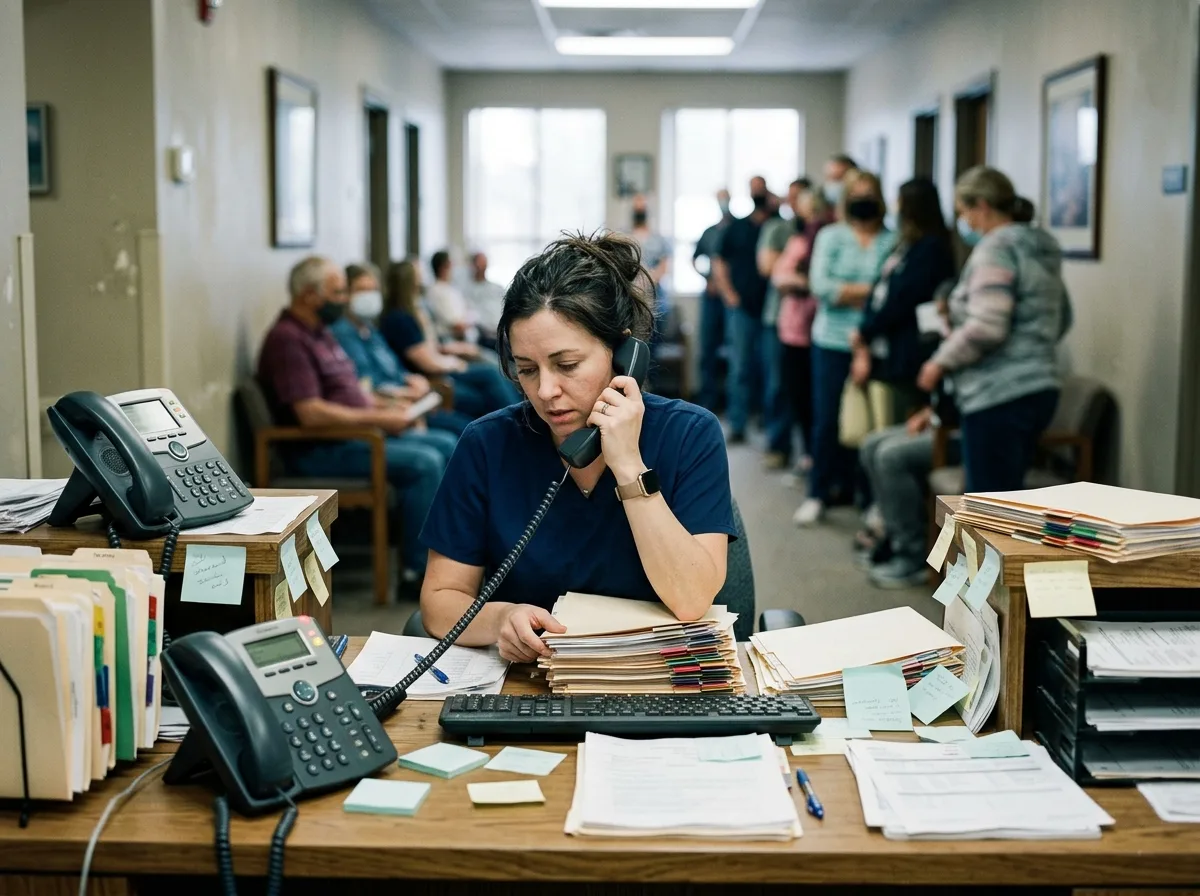 An overwhelmed clinic receptionist answering one phone while files pile up and patients wait